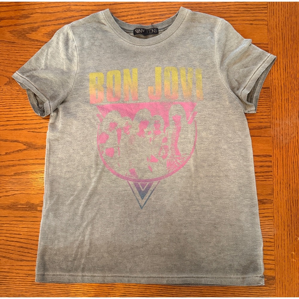 The Vinyl Icons Bon Jovi Graphic Tee Women Size S Grey Glam Rock Band Shirt